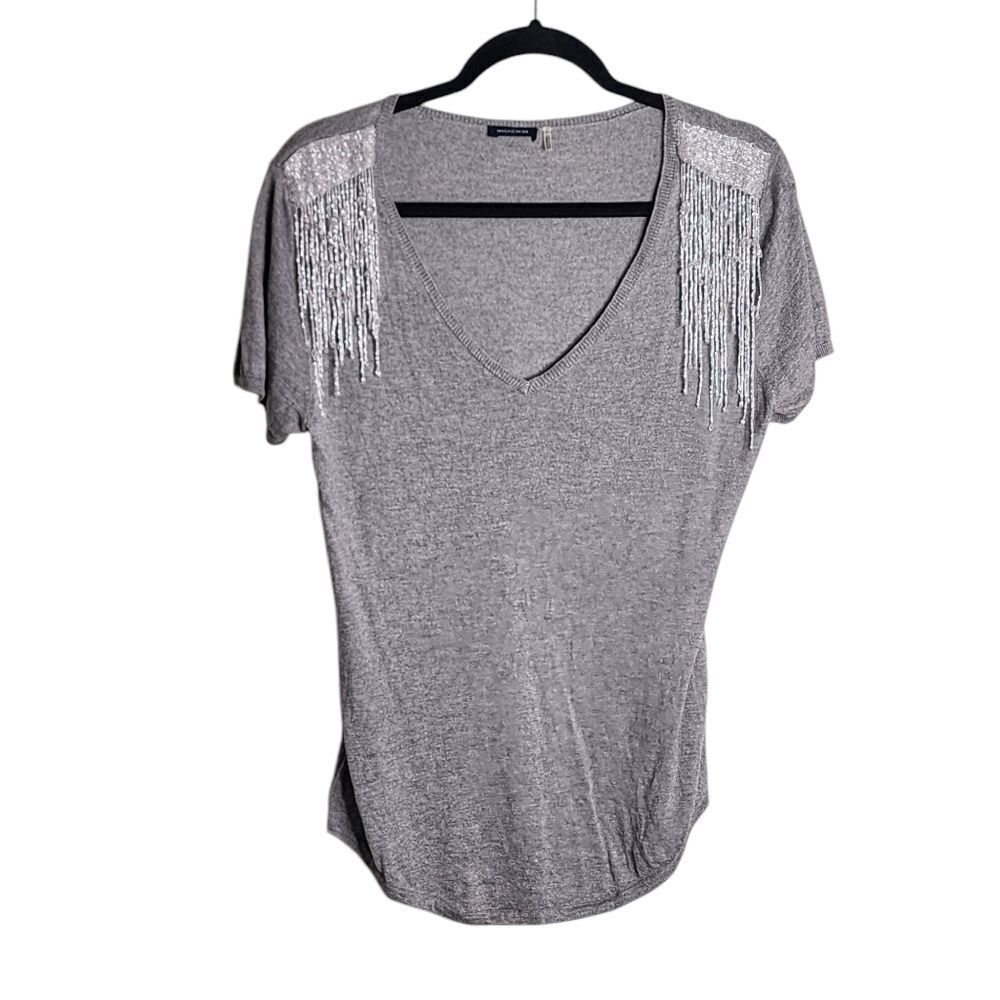 Magashoni top gray silk cashmere short sleeve sweater beaded fringe dressy L